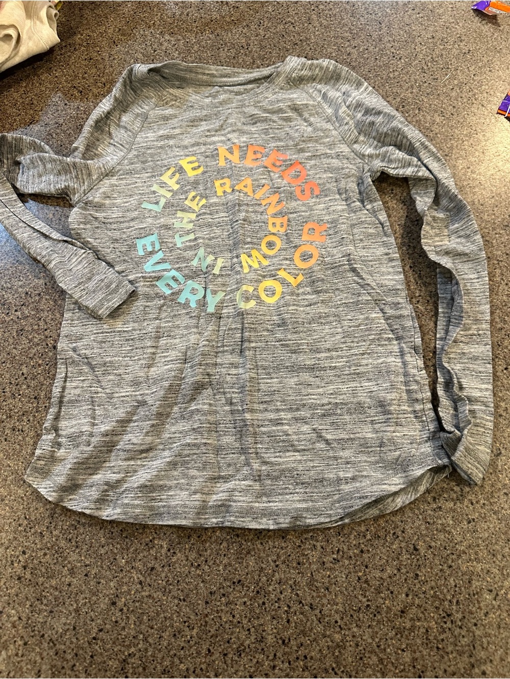 Girls' Gray Long-Sleeve Tee with Rainbow Text